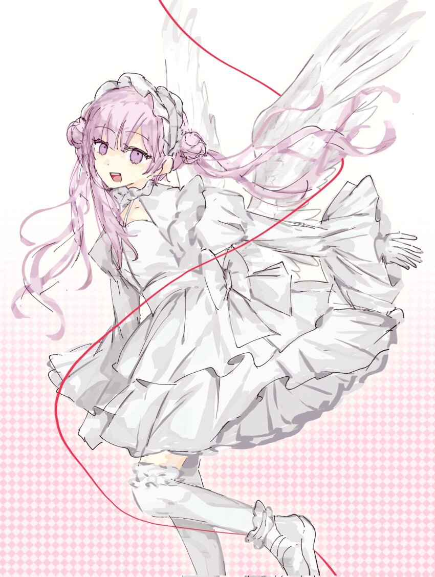 1girl angel_wings collarbone dress female_focus gloves long_hair long_sleeves matching_hair/eyes open_mouth pink_background pink_eyes pink_hair red_string shoes solo solo_focus string teeth the_hundred_line_-last_defense_academy- thighhighs tsukumo_kako twintails upper_teeth_only white_background white_dress white_gloves white_headdress white_shoes white_thighhighs wings