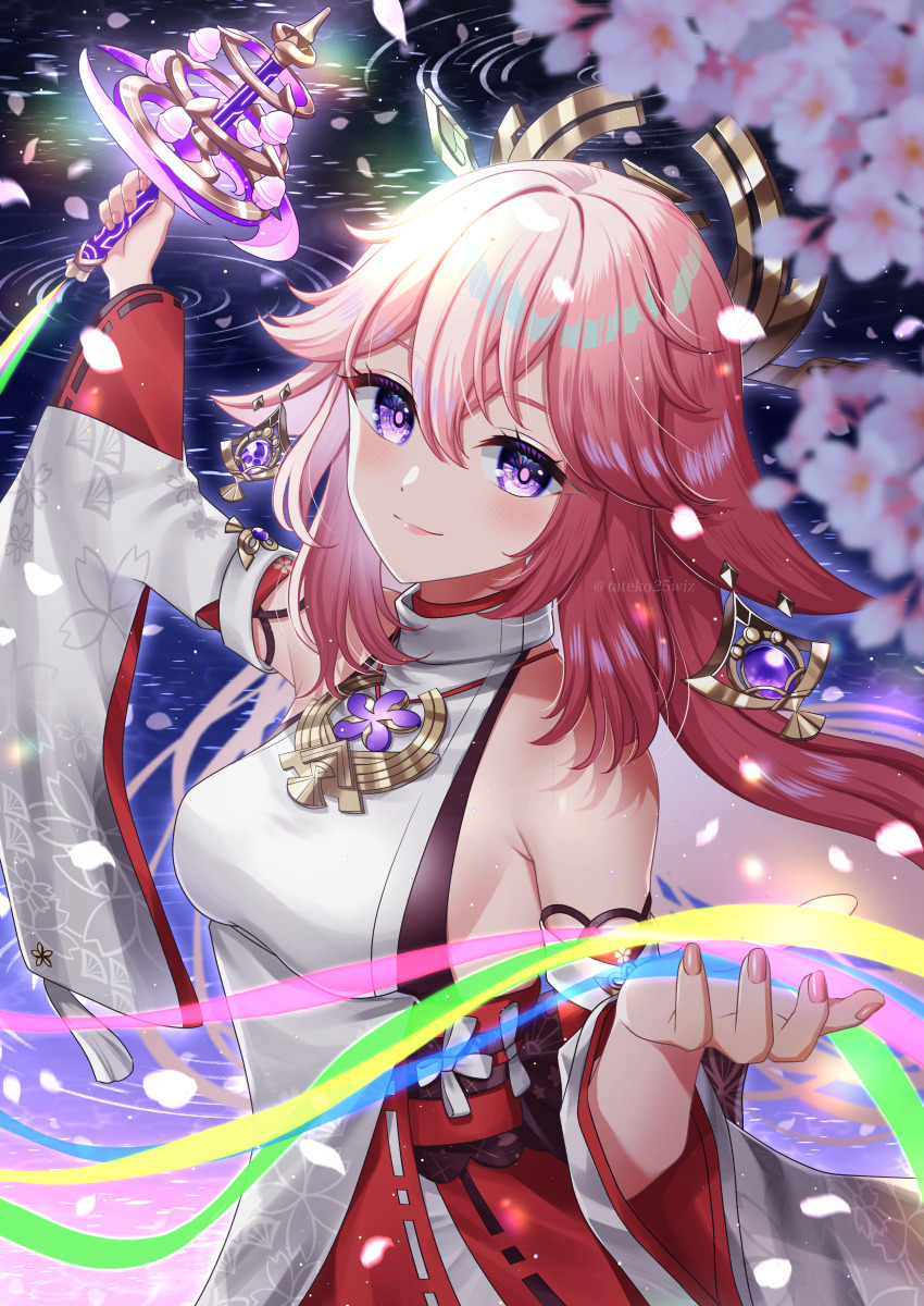 1girl absurdres animal_ears arm_up armpit_crease blush breasts cherry_blossoms detached_sleeves earrings falling_petals fingernails floppy_ears fox_ears genshin_impact hair_between_eyes hair_ornament highres holding holding_weapon japanese_clothes jewelry kagura&#039;s_verity_(genshin_impact) long_hair looking_at_viewer medium_breasts nontraditional_miko petal_print petals pink_hair pink_nails purple_eyes shirt sideboob sidelocks smile solo tateko25wiz upper_body vision_(genshin_impact) water weapon white_shirt white_sleeves wide_sleeves yae_miko