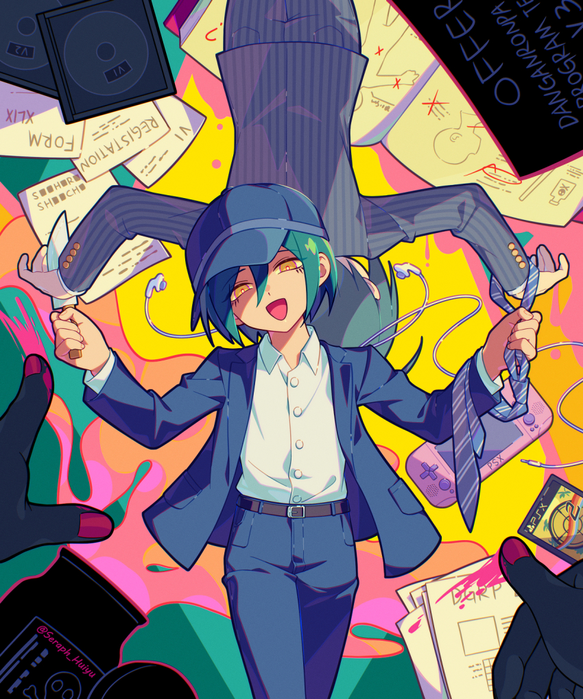 2boys ahoge aqua_background aqua_hair back-to-back baseball_cap belt belt_buckle black_belt black_hat black_jacket black_pants blazer blood blue_necktie book bottle bright_pupils buckle cd collared_jacket cover danganronpa_(series) danganronpa_v3:_killing_harmony denim dot_nose dress_shirt dual_persona earbuds earphones ewa_(seraphhuiyu) feet_out_of_frame from_behind hair_between_eyes happy hat head_tilt highres holding holding_knife holding_necktie jacket jeans knife lapels layered_sleeves long_sleeves looking_at_viewer male_focus multiple_boys necktie notched_lapels official_alternate_costume open_book open_clothes open_jacket open_mouth pants paper pink_blood pinstripe_jacket pinstripe_pants pinstripe_pattern pocket pointy_ears rotational_symmetry saihara_shuichi school_uniform sharing shirt short_hair smeared_blood smile spill spoilers striped_necktie video_game_cover watermark weibo_watermark white_pupils yellow_eyes