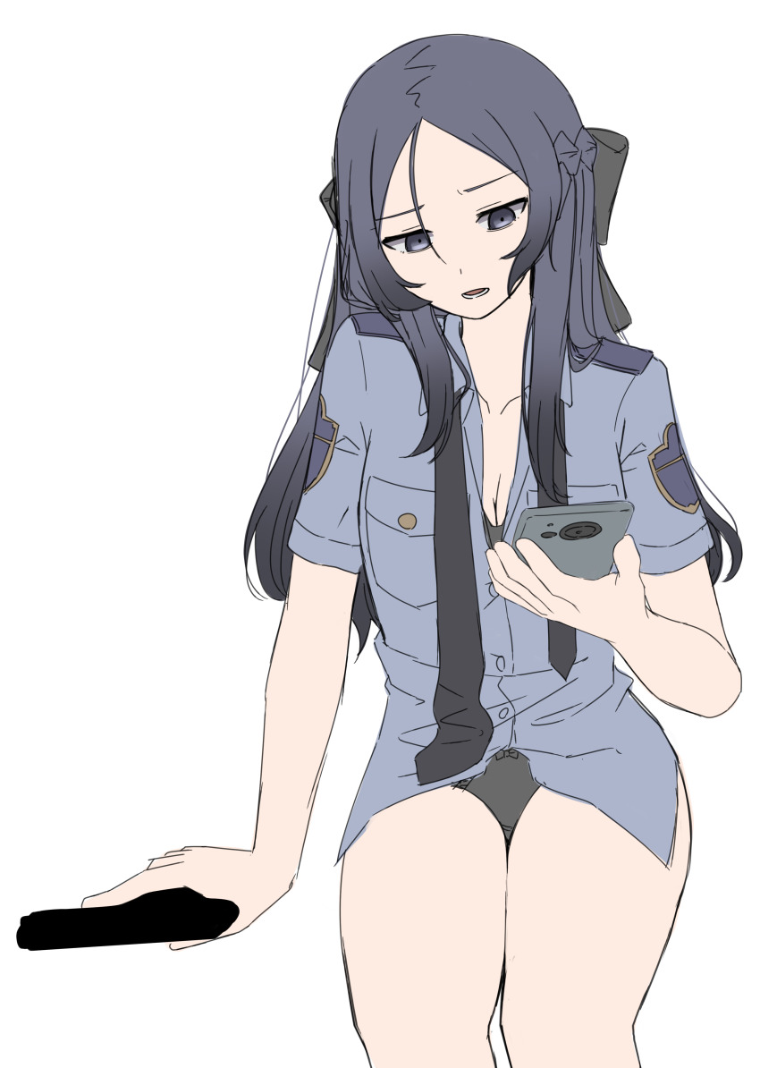 1girl absurdres bismuth_(paravene) black_bow black_bra black_panties blue_shirt bow bow_panties bra braid breasts cellphone cleavage collarbone collared_shirt dress_shirt feet_out_of_frame grey_eyes grey_hair gun hair_bow highres holding holding_gun holding_phone holding_weapon long_hair original panties parted_bangs parted_lips phone shirt short_sleeves simple_background sitting small_breasts solo underwear very_long_hair weapon white_background