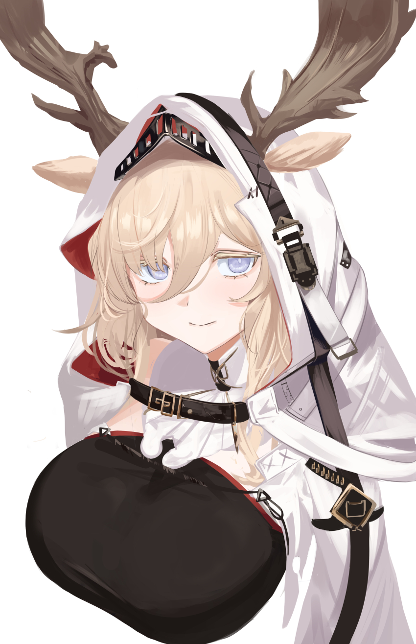 1girl absurdres animal_ears antlers arknights blonde_hair breasts bright_pupils closed_mouth cropped_torso ears_through_headwear hair_between_eyes highres hood hood_up horns large_breasts long_bangs medium_hair purple_eyes remapack77 simple_background smile solo viviana_(arknights) white_background white_hood white_pupils