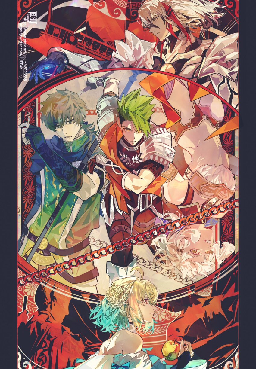 achilles_(fate) apple armor black_gloves blonde_hair blunt_bangs body_armor border braid braided_bun brown_hair cape chain cheekbones cigarette eeju facial_hair fate/grand_order fate_(series) fingerless_gloves food fruit gloves goatee golden_apple gradient_hair green_hair green_tabard green_tunic hair_bun hector_(fate) highres holding holding_polearm holding_weapon low_ponytail multicolored_hair odysseus_(fate) orange_sash ornate_border paris_(fate) penthesilea_(fate) polearm ponytail red_eyes red_hair ribbon sidelocks smile smoking sparse_stubble streaked_hair tabard tunic undercut upside-down weapon white_armor white_hair yellow_eyes