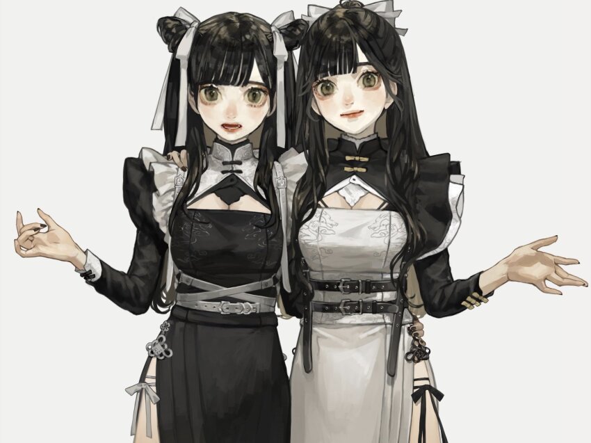 2girls aegyo_sal belt black_belt black_dress black_hair black_nails black_ribbon blunt_bangs breasts china_dress chinese_clothes cleavage_cutout closed_mouth clothing_cutout colored_inner_hair commentary cowboy_shot double_bun dress fingernails green_eyes grey_hair hair_bun hair_ribbon hand_on_another&#039;s_hip hand_on_another&#039;s_shoulder highres leg_ribbon light_smile long_hair long_sleeves looking_at_viewer medium_breasts multicolored_hair multiple_girls nail_polish open_mouth original puffy_long_sleeves puffy_sleeves ribbon sakauchi_waka shrug_(clothing) side_slit simple_background teeth thigh_ribbon white_background white_belt white_dress white_ribbon