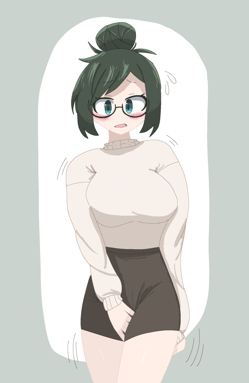 1girl blue_eyes blush brown_skirt covering_crotch covering_privates embarrassed flying_sweatdrops glasses green_hair hair_bun have_to_pee highres ibispaint_(medium) long_sleeves motion_lines open_mouth original shaking short_hair skirt solo sweater thighs turtleneck turtleneck_sweater two-tone_background umoriu1