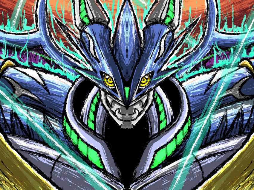 1boy armor digimon digimon_(creature) digimon_adventure_v-tamer_01 highres looking_at_viewer male_focus solo ulforcev-dramon ulforcev-dramon_future_mode yellow_eyes