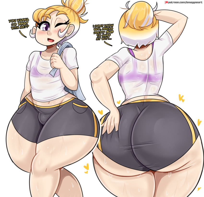 1boy ass bmayyne clothes english_text grabbing_own_ass gradient_hair highres huge_ass looking_at_viewer looking_back male_focus medium_hair multicolored_hair one_eye_closed open_mouth original ponytail purple_eyes shorts simple_background solo sweat wet wet_clothes white_background