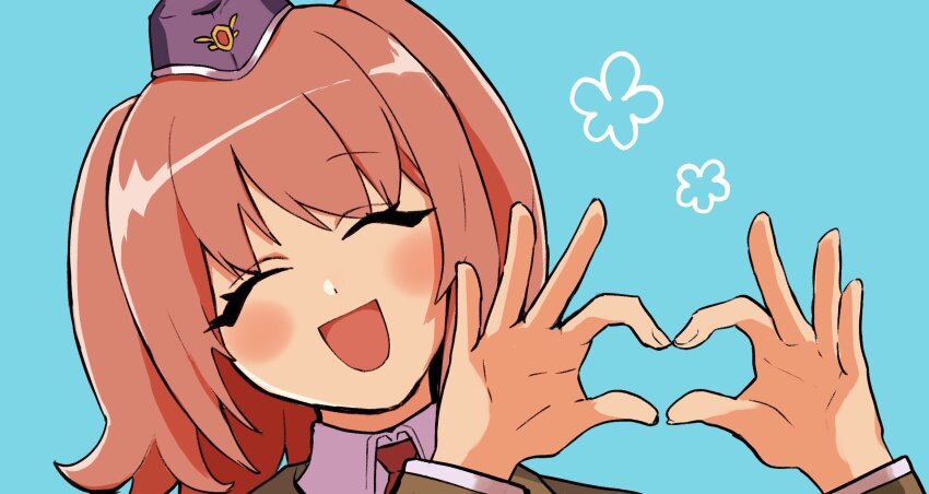 1girl :d black_hat blue_background brown_hair closed_eyes collar eiyuu_densetsu eyelashes fran_seeker garrison_cap hat heart heart_hands highres making-of_available necktie open_mouth portrait pugyan red_necktie simple_background smile solo twintails white_collar zero_no_kiseki