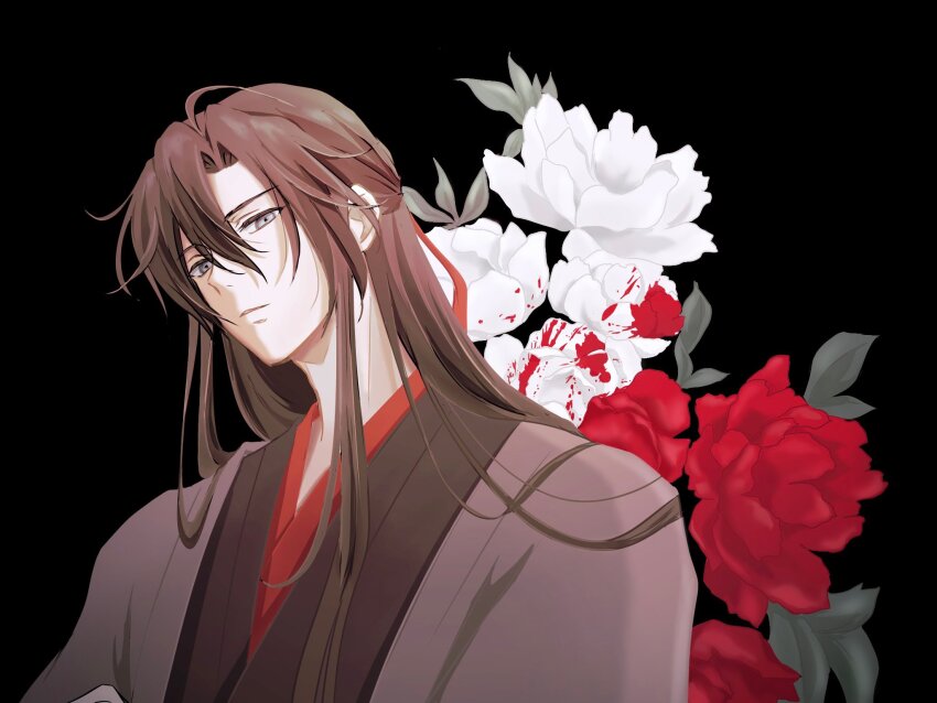 1boy bishounen black_background black_hanfu blood_on_flower brown_hair chinese_clothes coat expressionless flower grey_coat grey_eyes hair_between_eyes hair_down hair_ribbon half_updo hanfu highres long_hair looking_at_viewer male_focus modao_zushi official_alternate_costume official_alternate_hairstyle open_clothes open_coat parrrrrrrrko parted_lips red_flower red_ribbon ribbon robe sidelocks simple_background solo upper_body wei_wuxian wei_wuxian_(yiling_laozu) white_flower
