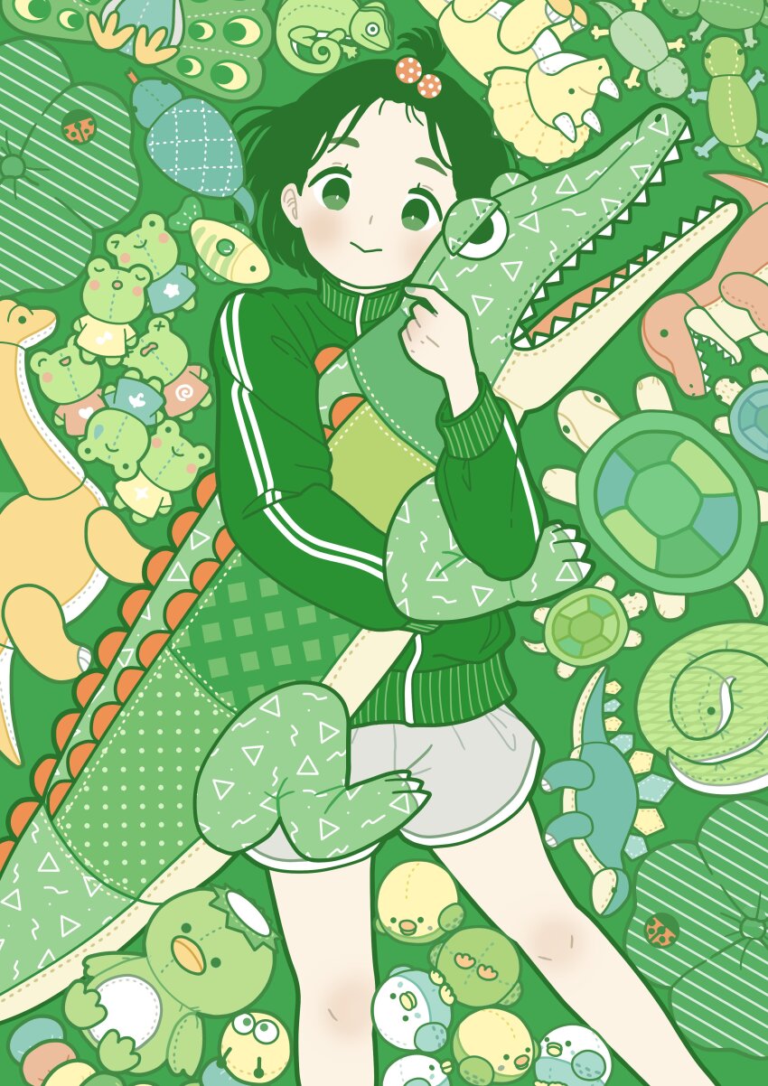 1girl absurdres bangs_pinned_back colored_lineart green_eyes green_hair green_jacket green_theme highres jacket long_sleeves original short_hair shorts smile solo stuffed_animal stuffed_bird stuffed_crocodile stuffed_dinosaur stuffed_fish stuffed_frog stuffed_gecko stuffed_kappa stuffed_peacock stuffed_snake stuffed_toy stuffed_turtle track_jacket white_shorts yoshimon
