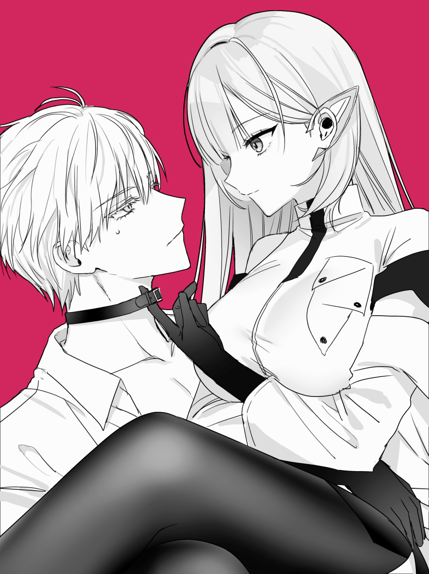 1boy 1girl absurdres black_choker black_gloves black_thighhighs breasts cecil_(nikke) choker commentary_request earpiece gloves hand_up highres johan_(nikke) kumo_tabetai large_breasts long_hair looking_at_another male_focus medium_hair nikke open_clothes open_shirt partially_colored red_background shirt simple_background sitting sitting_on_lap sitting_on_person thighhighs white_shirt