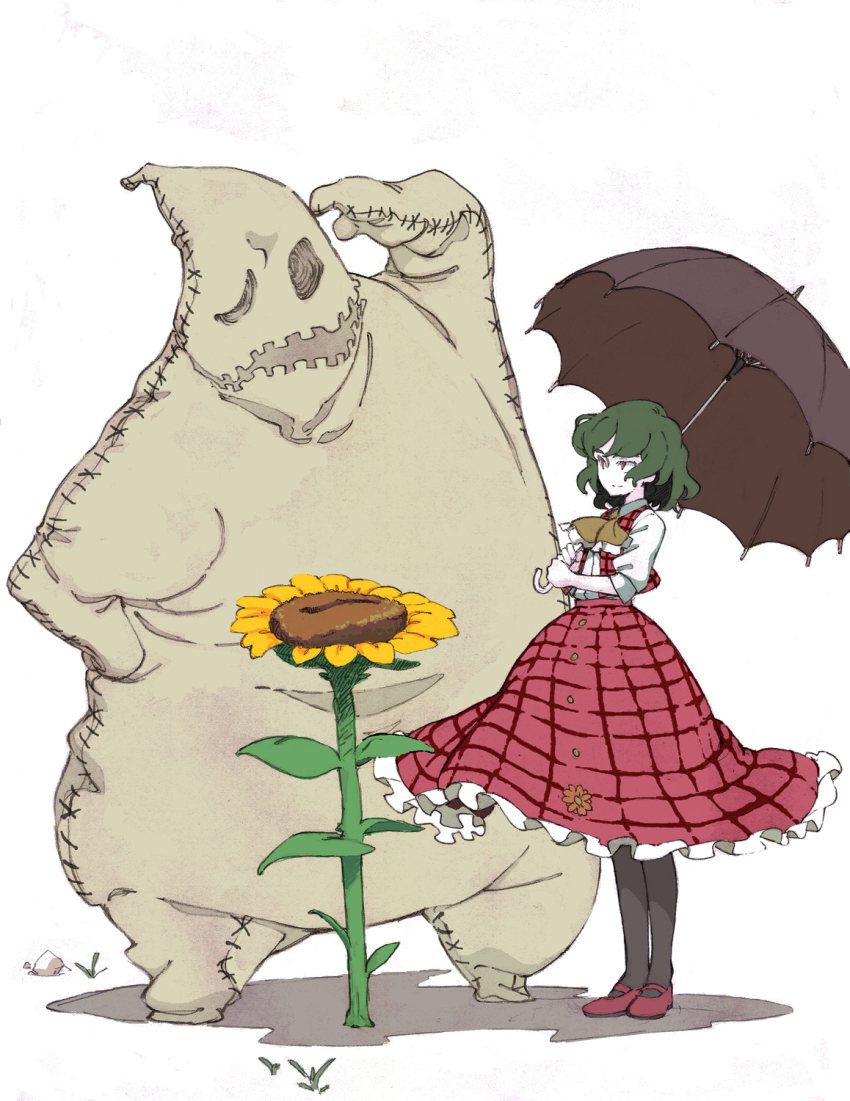 1girl black_pantyhose crossover flower green_hair highres kazami_yuuka monster mtmy oogie_boogie pantyhose red_eyes simple_background skirt sunflower the_nightmare_before_christmas touhou umbrella white_background
