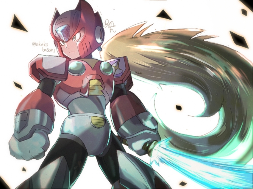 1boy akako83 armor blonde_hair clenched_hands cowboy_shot energy_sword green_eyes helmet highres holding holding_sword holding_weapon long_hair looking_to_the_side mega_man_(series) mega_man_x_(series) ponytail red_armor red_headwear shoulder_armor solo sword twitter_username weapon white_background z_saber zero_(mega_man)