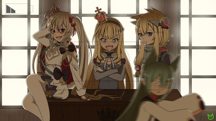 4girls absurdres ahoge akashi_(azur_lane) animal_ears azur_lane black_skirt blonde_hair blue_dress blue_eyes cheshirino crossed_arms crown detached_sleeves dress fang feet_out_of_frame green_hair hair_between_eyes hair_ribbon headgear highres long_hair looking_at_viewer mini_crown miniskirt motion_blur multiple_girls open_mouth pantyhose photobomb platinum_blonde_hair purple_eyes queen_elizabeth_(azur_lane) red_ribbon ribbon sitting skin_fang skirt twintails upper_body valiant_(azur_lane) very_long_hair viewfinder warspite_(azur_lane) white_dress white_legwear window