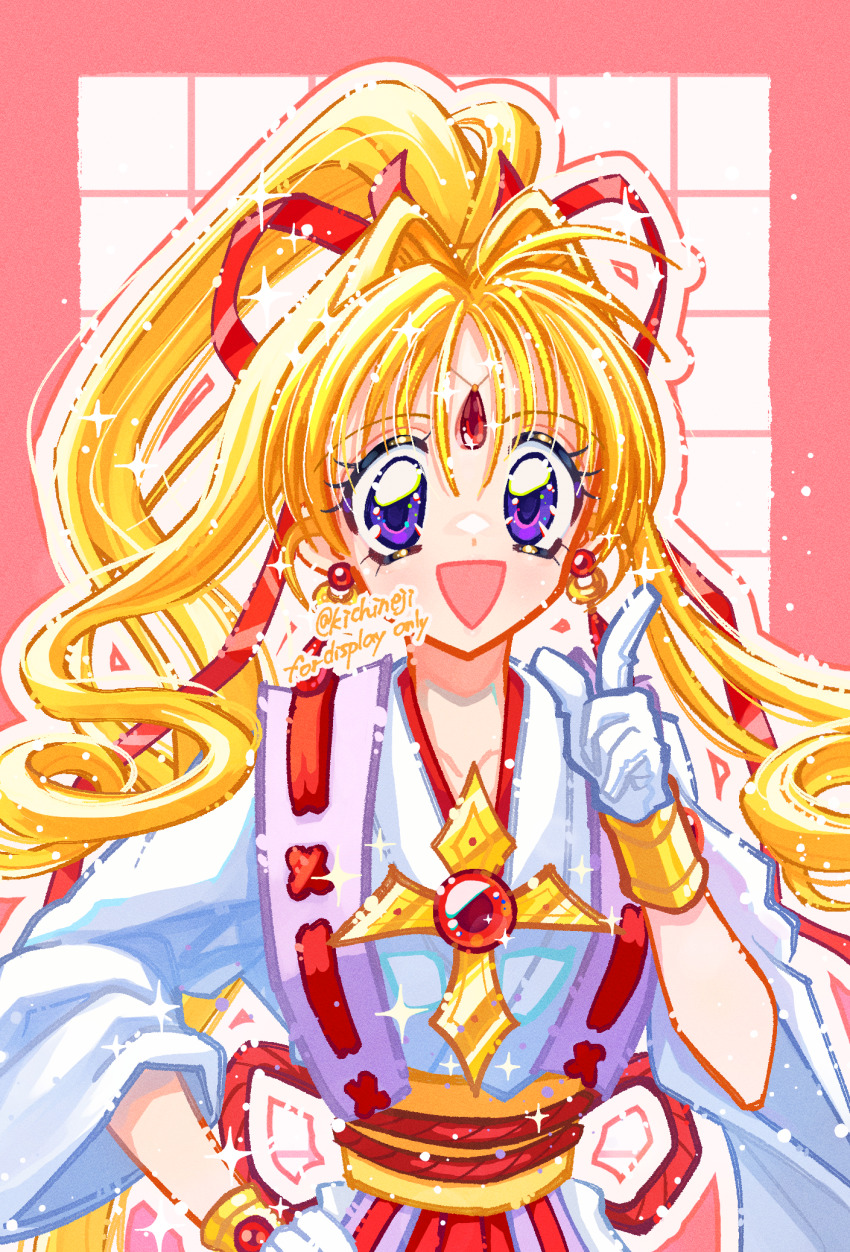 1girl artist_name blonde_hair collarbone cross earrings eyelashes forehead_jewel gem hair_ribbon high_ponytail highres index_finger_raised japanese_clothes jewelry kaitou_jeanne kamikaze_kaitou_jeanne kichineji kimono kusakabe_maron long_hair looking_at_viewer magical_girl obi open_mouth ponytail purple_eyes red_gemstone red_ribbon ribbon rope sash shimenawa solo upper_body white_kimono yellow_sash