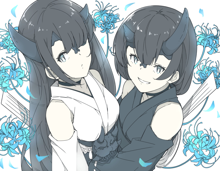 2girls abyssal_ship asymmetrical_horns black_choker black_hair black_horns black_kimono blue_flower blue_spider_lily breasts choker detached_sleeves flower grin hair_over_one_eye horns japanese_clothes kantai_collection kimono long_hair looking_at_viewer medium_breasts multiple_girls night_strait_princess_(black) night_strait_princess_(white) ninimo_nimo pale_skin parted_lips petals short_hair simple_background smile spider_lily upper_body white_kimono