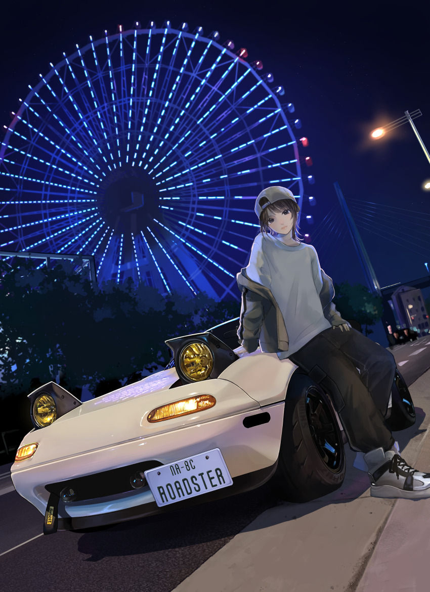 1girl absurdres backwards_hat baseball_cap black_pants brown_hair car city commentary_request dutch_angle eunos_roadster ferris_wheel grey_eyes grey_hat grey_jacket grey_sweater hat highres jacket jacket_partially_removed lamppost license_plate long_sleeves looking_at_viewer masa_(siriusu-koko) mazda mazda_mx-5 mazda_mx-5_na motor_vehicle night night_sky on_car on_vehicle original outdoors pants pop-up_headlights road shoes sitting sitting_on_car sky sneakers solo sweater white_car white_shoes