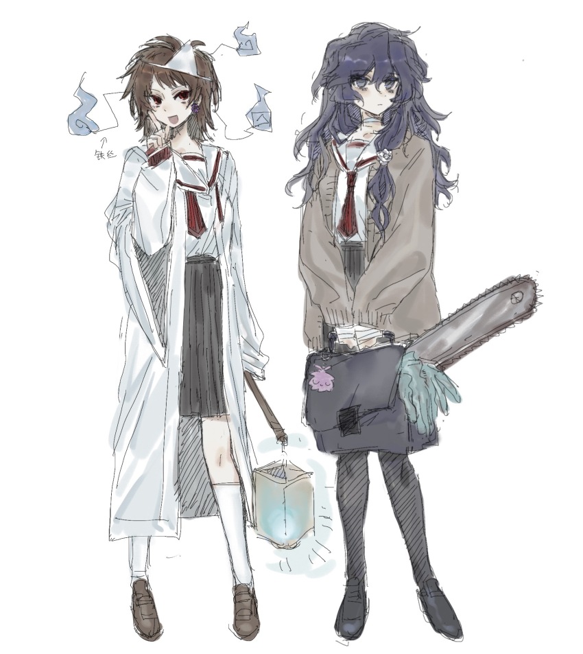 2girls alternate_costume bag bandaged_wrist bandages black_bag black_pantyhose black_shoes black_skirt blue_hair brown_cardigan brown_hair brown_shoes cardigan chainsaw character_charm charm_(object) chinese_commentary chinese_text choker closed_mouth commentary_request earrings expressionless flower flower_earrings genderswap genderswap_(mtf) grey_eyes hair_between_eyes hair_flower hair_ornament harada_minoru hatsutori_hajime highres hitodama holding holding_bag holding_lantern index_finger_raised jewelry kneehighs lab_coat lantern long_hair long_sleeves medium_hair multiple_girls necktie open_cardigan open_clothes open_mouth pantyhose pleated_skirt red_eyes red_necktie rose saibou_shinkyoku sailor_collar sailor_shirt school_bag shirt shoes skirt smile socks triangular_headpiece undone_necktie utsugi_noriyuki white_choker white_flower white_rose white_shirt white_socks wo_ma_le_mama
