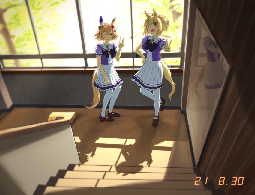 2girls ^_^ animal_ears blonde_hair blush bow bowtie breasts brown_footwear closed_eyes clover_hair_ornament full-length_mirror hair_ornament highres horse_ears horse_girl horse_tail indoors inuyama_tarou matikanefukukitaru_(umamusume) medium_breasts mirror multiple_girls one_eye_closed open_mouth orange_hair outstretched_arm ponytail reaching reaching_towards_viewer reflection sailor_collar school_uniform segment_display shadow shoes short_hair short_sleeves skirt small_breasts smile stairs standing standing_on_one_leg star_(symbol) star_hair_ornament taiki_shuttle_(umamusume) tail thighhighs timestamp tracen_school_uniform umamusume v white_skirt white_thighhighs window