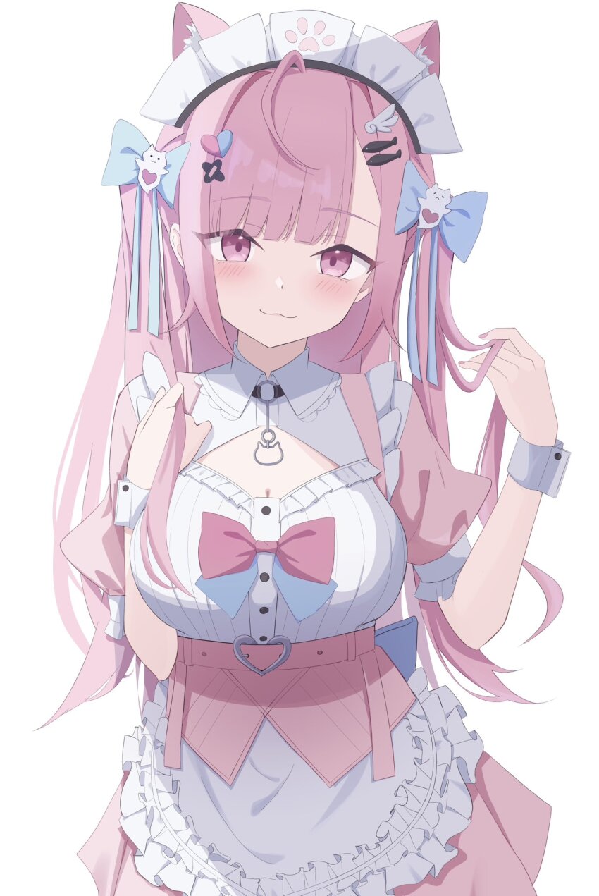 1girl ahoge animal_ears blush bow breasts cat_choker cat_ears cat_girl dress fish_hair_ornament hair_bow hair_ornament heart heart_hair_ornament highres indie_virtual_youtuber long_hair looking_at_viewer maid maid_headdress pink_dress pink_eyes pink_hair ponono_desu short_sleeves solo two_side_up virtual_youtuber white_background white_wrist_cuffs wing_hair_ornament wing_hairpin wrist_cuffs yuuki_sakuna yuuki_sakuna_(1st_costume)