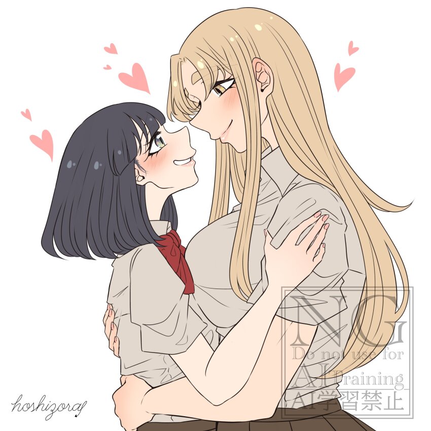 2girls artist_name black_hair blonde_hair blush bow bowtie breasts closed_mouth collared_shirt commentary eye_contact grey_eyes grin hand_on_another&#039;s_back hand_on_another&#039;s_shoulder heart highres hoshizora_no_shita large_breasts long_hair looking_at_another medium_hair multiple_girls original red_bow red_bowtie shirt short_sleeves simple_background smile watermark white_background white_shirt yellow_eyes yuri