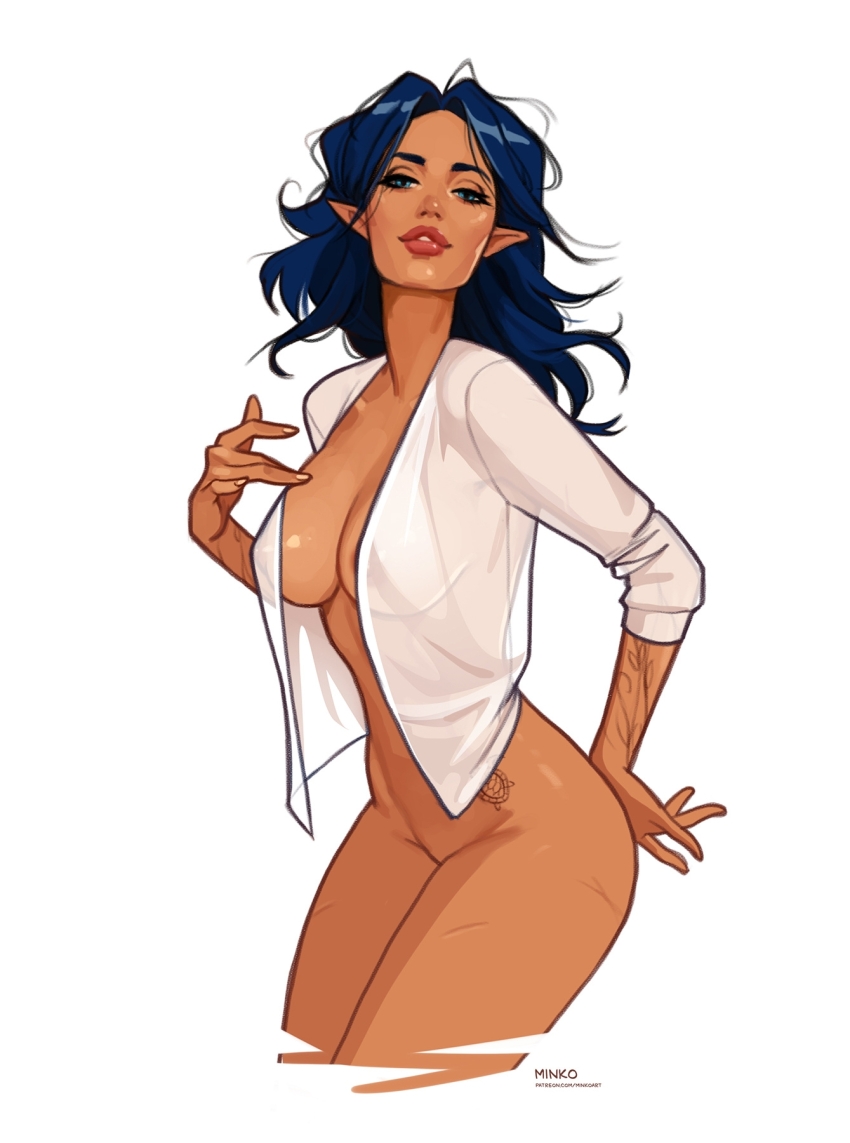 1girl artist_name blue_eyes blue_hair bottomless breasts cleavage commentary cropped_legs english_commentary half-closed_eyes highres large_breasts long_hair looking_at_viewer naked_shirt no_bra olena_minko open_clothes open_shirt original parted_lips patreon_username pointy_ears see-through_clothes see-through_shirt shirt simple_background solo watermark web_address white_background