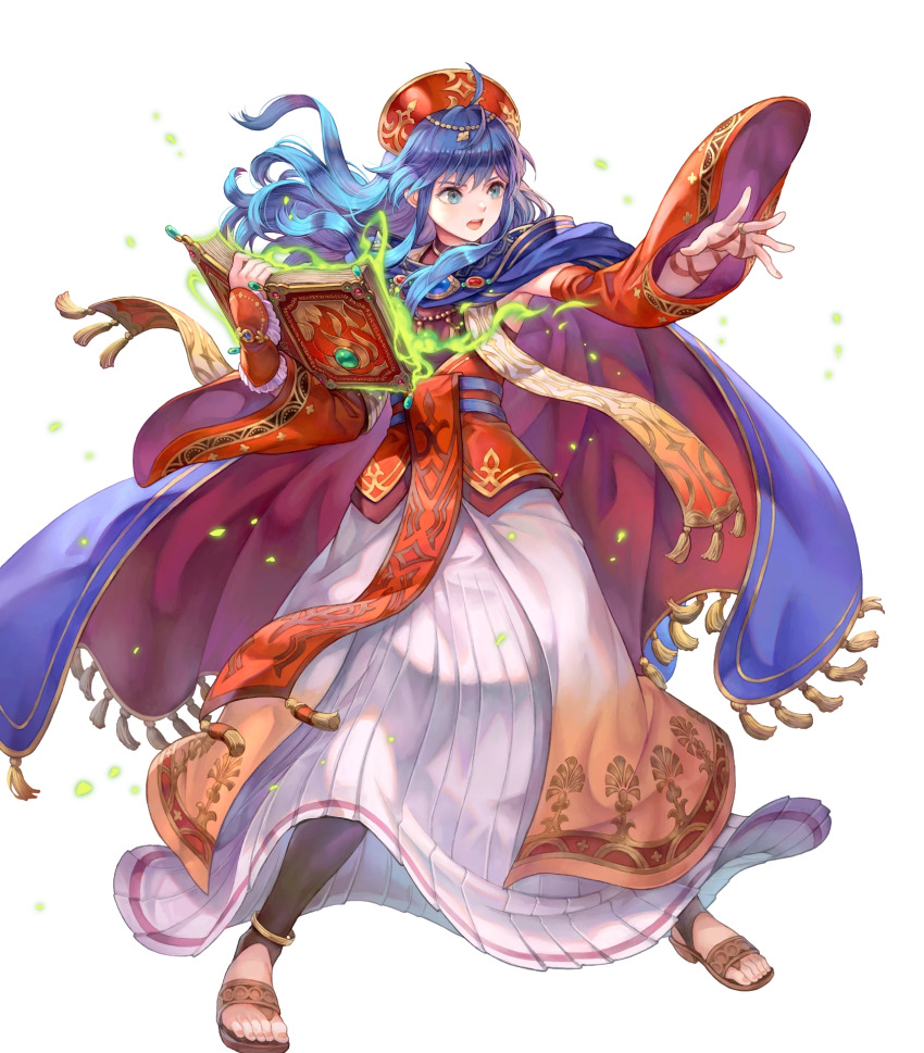 1girl attack blue_cape blue_eyes blue_hair book cape fire_emblem fire_emblem:_the_binding_blade fire_emblem_heroes haccan high_heel_sandals highres lilina_(brilliant_flame)_(fire_emblem) lilina_(fire_emblem) long_hair magic nintendo non-web_source official_alternate_costume official_art sandals solo stirrup_legwear toeless_legwear