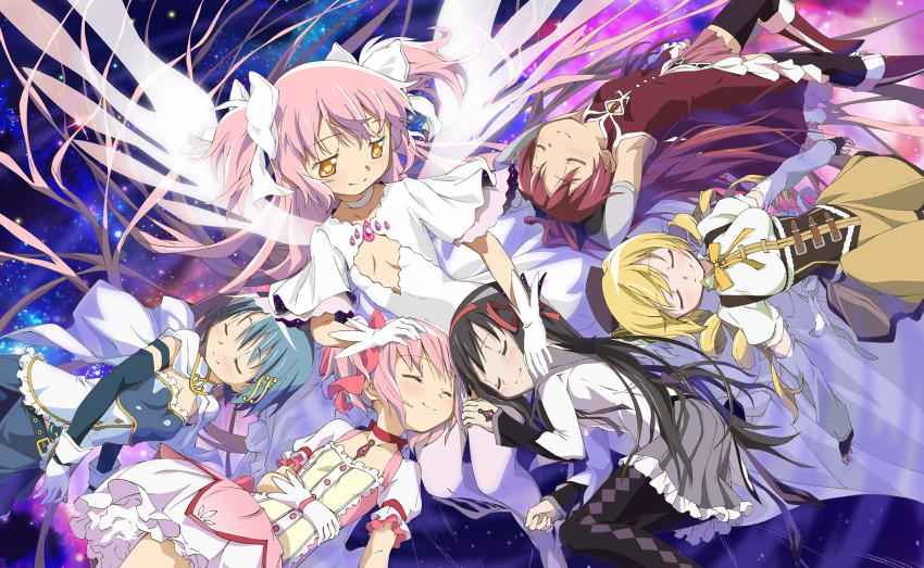 5girls akemi_homura akemi_homura_(magical_girl) argyle_clothes argyle_pantyhose black_hair blonde_hair blue_hair bobby_socks bow cape closed_eyes drill_hair dual_persona fortissimo game_cg gloves hair_bow hair_ornament hair_ribbon highres kaname_madoka kaname_madoka_(magical_girl) legs long_hair magical_girl mahou_shoujo_madoka_magica mahou_shoujo_madoka_magica_(anime) mahou_shoujo_madoka_magica_magia_exedra miki_sayaka miki_sayaka_(magical_girl) multiple_girls musical_note musical_note_hair_ornament non-web_source official_art pantyhose pink_hair red_hair ribbon sakura_kyoko sakura_kyoko_(magical_girl) short_hair smile socks terao_hiroyuki textless_version time_paradox tomoe_mami tomoe_mami_(magical_girl) twin_drills twintails two_side_up ultimate_madoka very_long_hair white_cape yellow_eyes