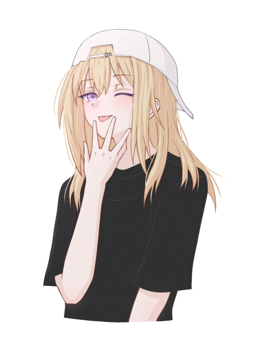 1girl absurdres bang_dream! bang_dream!_it&#039;s_mygo!!!!! baseball_cap black_shirt blonde_hair commentary cunnilingus_gesture firman_acker hand_up hat highres medium_hair misumi_uika one_eye_closed purple_eyes shirt short_sleeves simple_background solo tongue tongue_out upper_body white_background white_hat