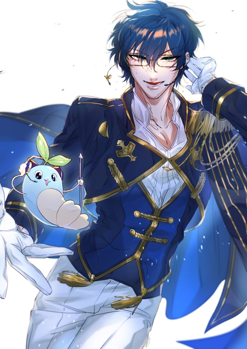 1boy black_jacket blue_hair collarbone cowboy_shot cropped_jacket earpiece epaulettes eyewear_strap gagake_v gloves green_eyes hair_between_eyes headset highres holding holding_polearm holding_weapon jacket leos_vincent looking_at_viewer lower_teeth_only male_focus mameneko_(leos_vincent) nijisanji nijisanji_idol_uniform pants polearm shirt short_hair single_epaulette solo teeth vest virtual_youtuber weapon white_background white_gloves white_pants white_shirt yellow-framed_eyewear
