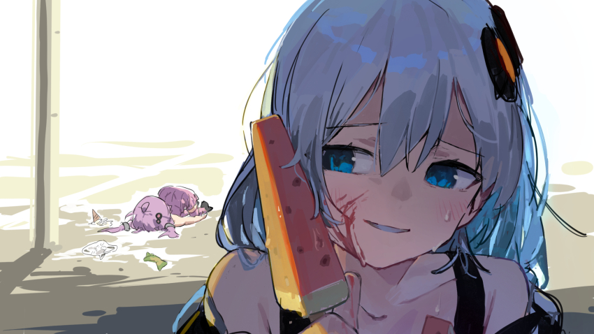 2girls bare_shoulders blue_eyes blush day dress dropped_food food food_on_face grey_hair grin hair_ornament highres hitogome holding holding_food ice_cream ice_cream_cone ice_cream_cone_spill kizuna_akari long_hair looking_at_food multiple_girls on_ground outdoors popsicle purple_dress short_dress short_hair_with_long_locks sidelocks smile solo_focus spaghetti_strap sweat top-down_bottom-up vocaloid voiceroid watermelon_bar yuzuki_yukari