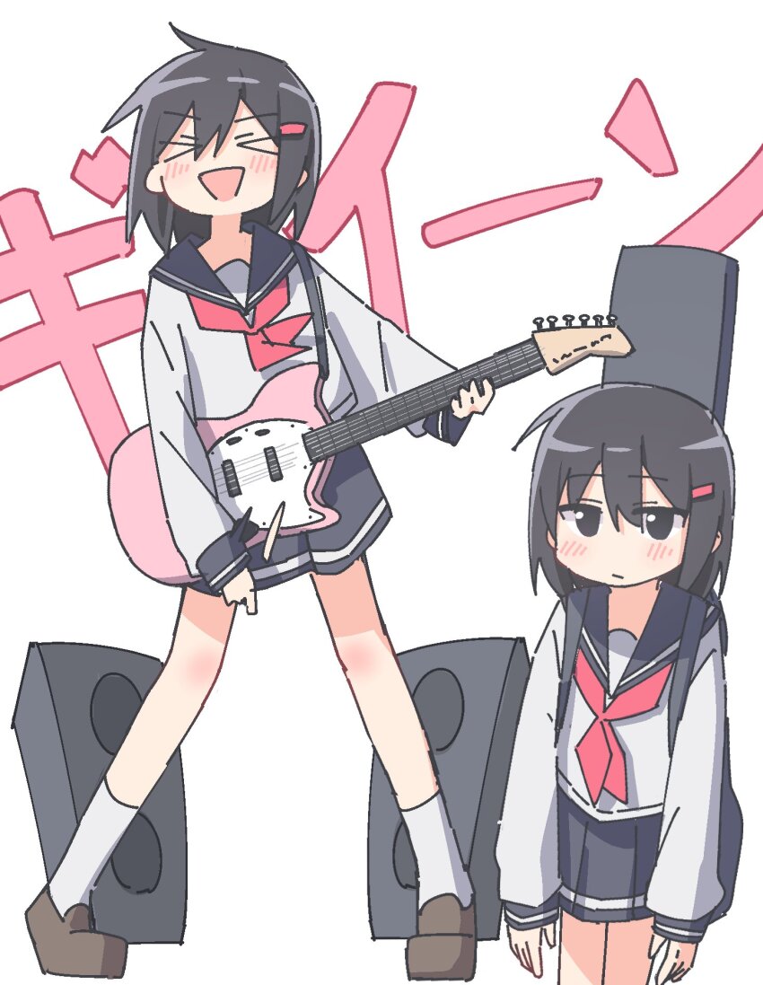 &gt;_&lt; 2girls :d auhuheben17 black_hair blush closed_eyes electric_guitar guitar hair_ornament hairclip highres instrument long_hair multiple_girls music open_mouth original playing_instrument plectrum school_uniform serafuku short_hair skirt smile white_background