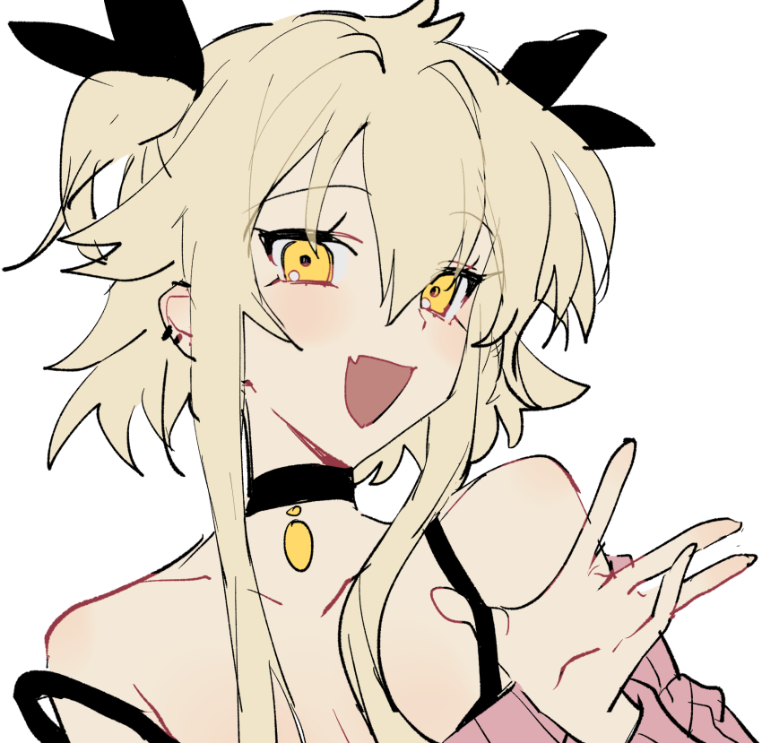 1boy barbell_piercing black_ribbon blonde_hair blush bow bra_strap choker coin_(ornament) ear_piercing envy_elika_(koyashaka) fang hair_ribbon highres industrial_piercing koyashaka looking_at_viewer male_focus off-shoulder_sweater off_shoulder original piercing pink_sweater ribbon short_hair_with_long_locks simple_background skin_fang solo strap_pull sweater trap two_side_up white_background yellow_eyes