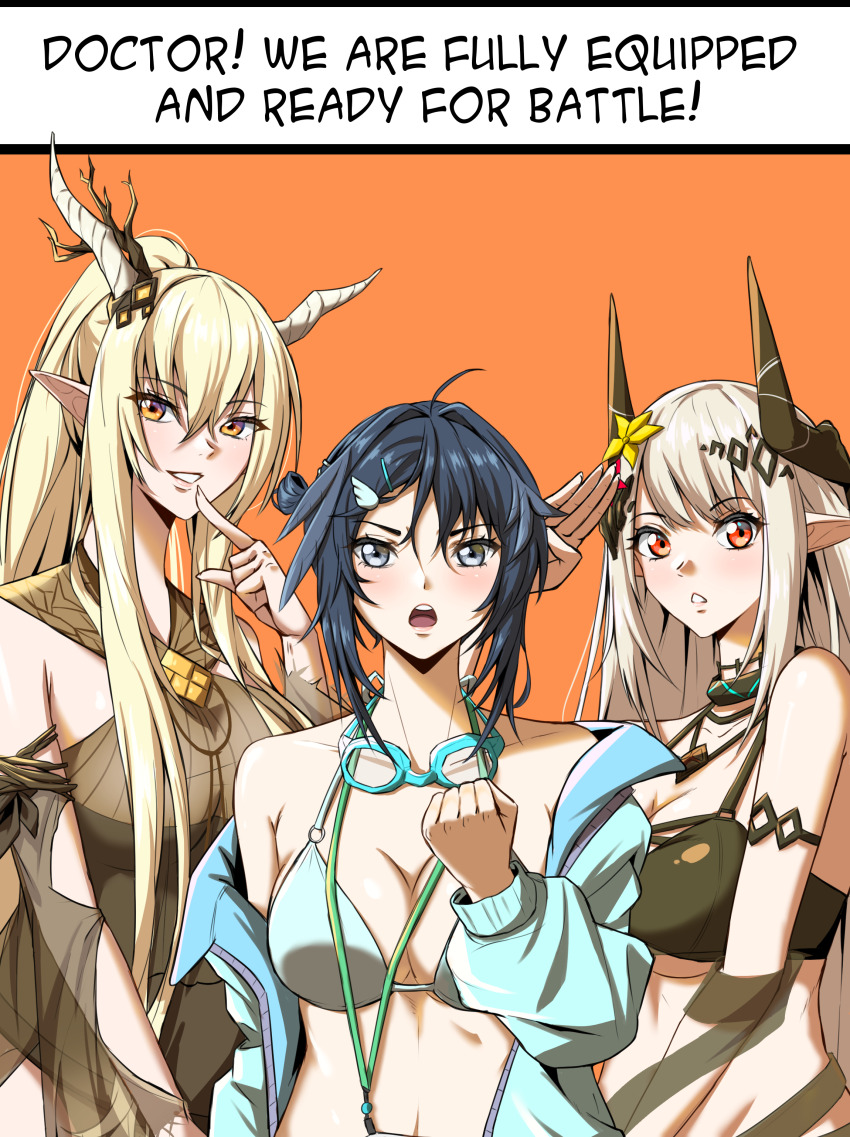 3girls absurdres ahoge arknights bare_shoulders bikini black_bikini black_hair black_one-piece_swimsuit blonde_hair blue_bikini blue_jacket breasts cleavage clenched_hand commentary goggles goggles_around_neck grin hair_between_eyes hair_intakes hand_up highres horns jacket la_pluma_(arknights) la_pluma_(summer_flowers)_(arknights) large_breasts long_hair looking_at_viewer mudrock_(arknights) mudrock_(silent_night)_(arknights) multiple_girls navel off_shoulder official_alternate_costume one-piece_swimsuit open_clothes open_jacket open_mouth orange_background orange_eyes pointy_ears red_eyes shining_(arknights) shining_(silent_night)_(arknights) simple_background smile stomach swimsuit symmetricturd upper_body very_long_hair white_hair