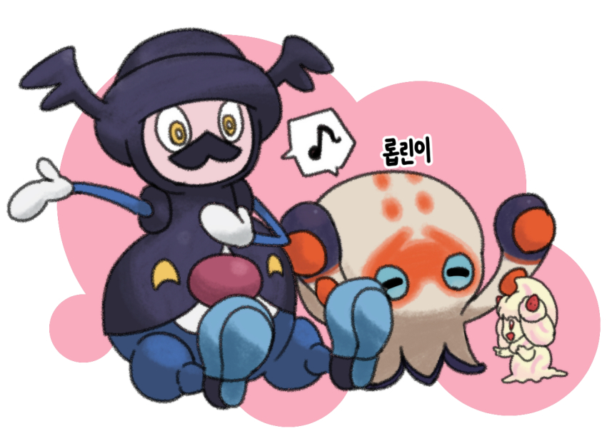 :d alcremie bright_pupils clobbopus closed_eyes commentary facial_hair food fruit gen_8_pokemon gigobyte350 happy korean_text mr._rime musical_note mustache nintendo open_mouth pokemon pokemon_(creature) shared_speech_bubble sitting smile speech_bubble spoken_musical_note strawberry white_pupils yellow_eyes