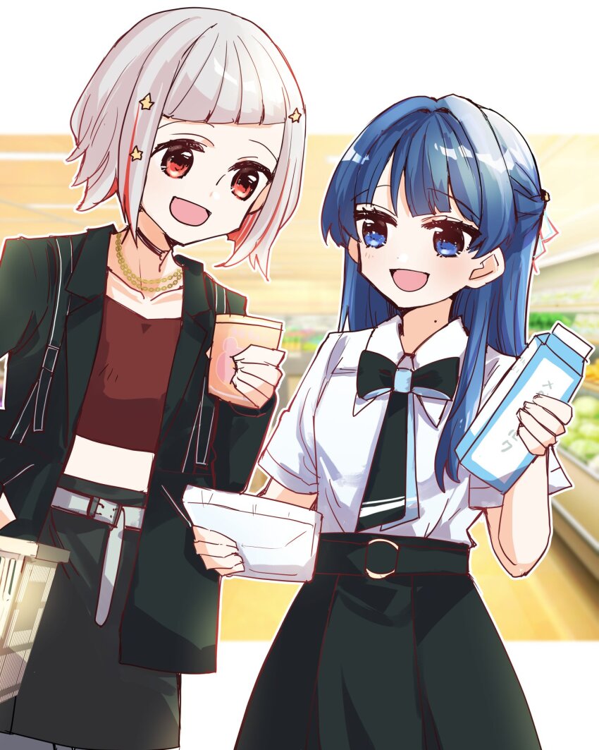 2girls :d belt black_bow black_bowtie black_choker black_coat black_necktie black_skirt blue_bow blue_bowtie blue_hair blue_necktie bob_cut bow bowtie choker coat collarbone collared_shirt commentary_request cowboy_shot cropped_shirt dress_shirt grey_belt grey_hair hair_intakes hair_ornament half_updo highres holding holding_milk_carton inverted_bob jewelry kanduki_kamibukuro letterboxed link!_like!_love_live! long_belt long_sleeves love_live! midriff milk_carton mole mole_on_neck multicolored_hair multiple_girls murano_sayaka murano_sayaka_(summer_casual) necklace necktie o-ring o-ring_choker official_alternate_costume open_clothes open_coat open_mouth outside_border pleated_skirt red_hair red_shirt shirt short_hair short_sleeves skirt smile star_(symbol) star_hair_ornament streaked_hair supermarket two-tone_hair virtual_youtuber white_shirt yugiri_tsuzuri yugiri_tsuzuri_(summer_casual)