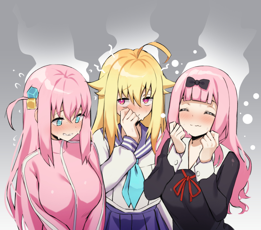3girls ahoge black_bow black_dress blonde_hair blue_eyes blue_neckerchief blunt_bangs bocchi_the_rock! bow breasts clenched_hands closed_eyes closed_mouth crossover cube_hair_ornament dress fujiwara_chika gotoh_hitori grey_background hair_bow hair_ornament head_steam hino_minami_high_school_uniform jacket kaguya-sama_wa_kokurasetai_~tensai-tachi_no_renai_zunousen~ kangbus koshi_torako large_breasts long_hair long_sleeves multiple_crossover multiple_girls neck_ribbon neckerchief pink_eyes pink_hair pink_jacket pleated_skirt purple_sailor_collar purple_skirt red_ribbon ribbon sailor_collar school_uniform serafuku shikanoko_nokonoko_koshitantan shirt shuuchiin_academy_school_uniform side_ahoge skirt textless_version track_jacket upper_body wavy_mouth white_shirt winter_uniform