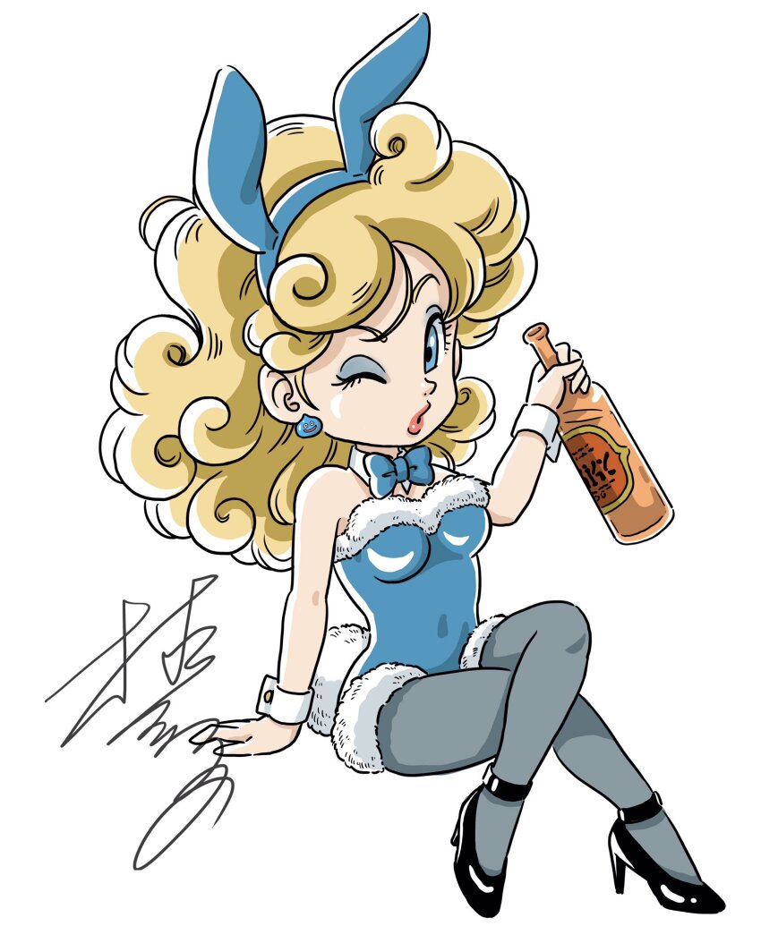 1girl alcohol animal_ear_hairband animal_ears black_shoes blonde_hair blue_bow blue_bowtie blue_eyes blue_eyeshadow blue_hairband blue_leotard blue_pantyhose bottle bow bowtie character_ear_piercing chibi commentary_request covered_navel crossed_legs curly_hair detached_collar dragon_quest dragon_quest_iii earrings eyeshadow fake_animal_ears fake_tail fur-trimmed_leotard fur_trim gadabout_(dq3) hairband high_heels highres holding holding_bottle jewelry leotard long_hair looking_at_viewer makeup murakami_yumiko pantyhose pink_lips playboy_bunny rabbit_ears rabbit_tail shoes signature slime_(dragon_quest) solo strapless strapless_leotard tail white_background wrist_cuffs