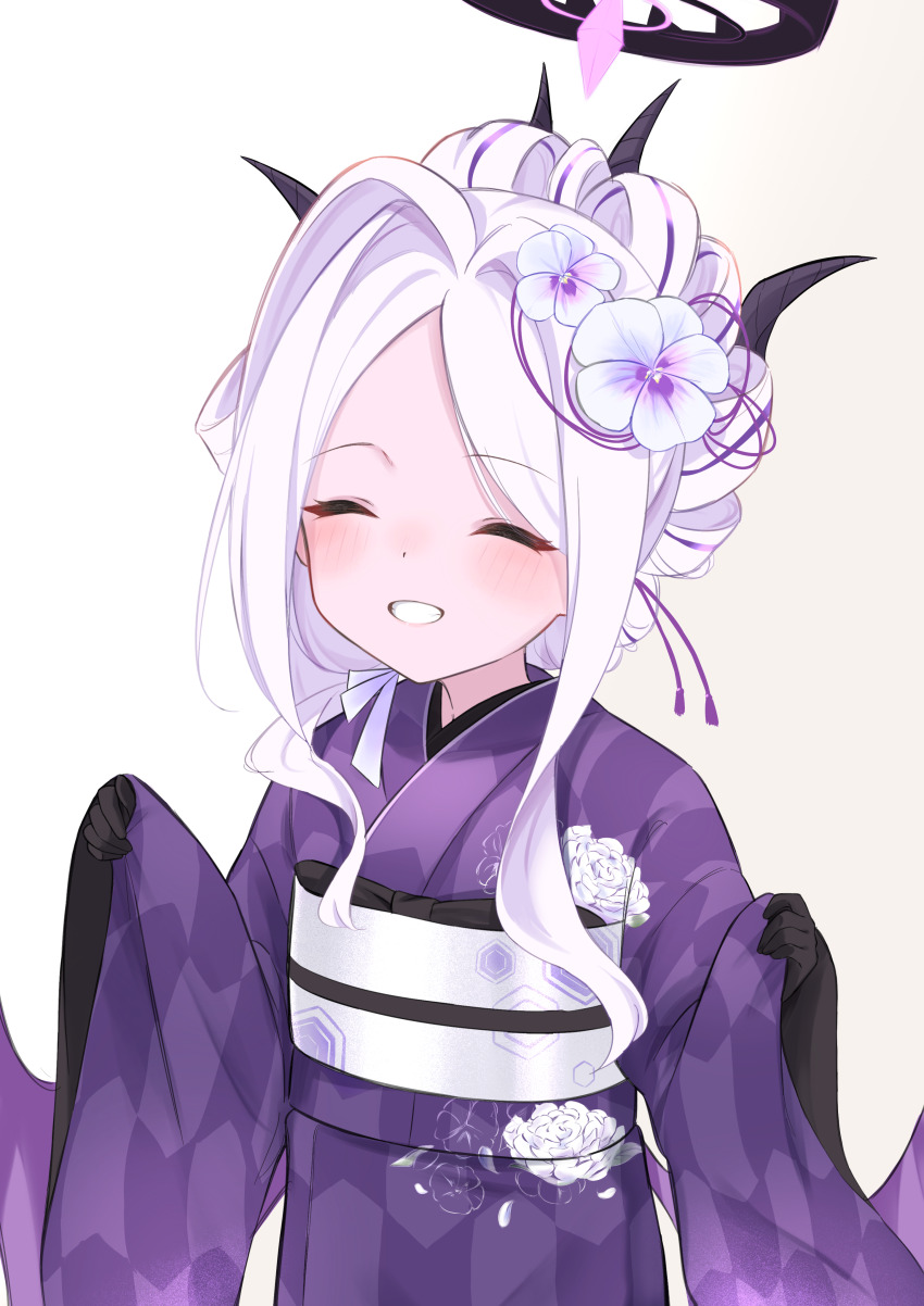 1girl absurdres blue_archive breasts demon_girl demon_horns flower furisode highres hina_(blue_archive) horns japanese_clothes kimono long_hair official_alternate_costume official_alternate_hairstyle open_mouth rose simple_background small_breasts smile solo toushitukata_7 white_background white_hair