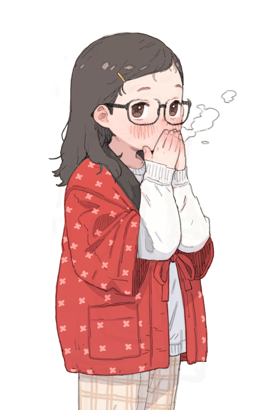 1girl black_hair blush breath breathing_on_hands brown_eyes covering_own_mouth floral_print glasses hair_ornament hairclip highres jacket long_hair long_sleeves open_clothes open_jacket original pants plaid_clothes plaid_pants possummachine print_jacket red_jacket shirt simple_background solo standing white_background white_shirt