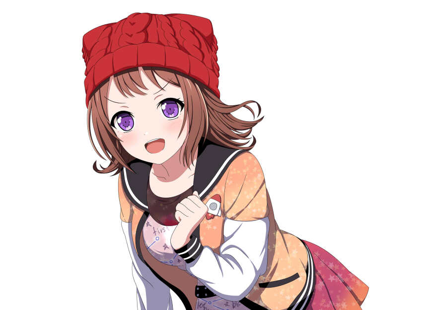 1girl :d bad_id bad_twitter_id bang_dream! black_sailor_collar blush breasts brown_hair collarbone dress hat highres inactive_account jacket knit_hat long_sleeves medium_breasts medium_hair miniskirt official_alternate_costume open_clothes open_jacket open_mouth orange_jacket pink_dress pleated_skirt purple_eyes red_hat red_skirt sailor_collar seiso-kei_yurufuwa_bishoujo sidelocks simple_background skirt smile solo teeth textless_version toyama_kasumi upper_teeth_only v-shaped_eyebrows white_background white_sleeves