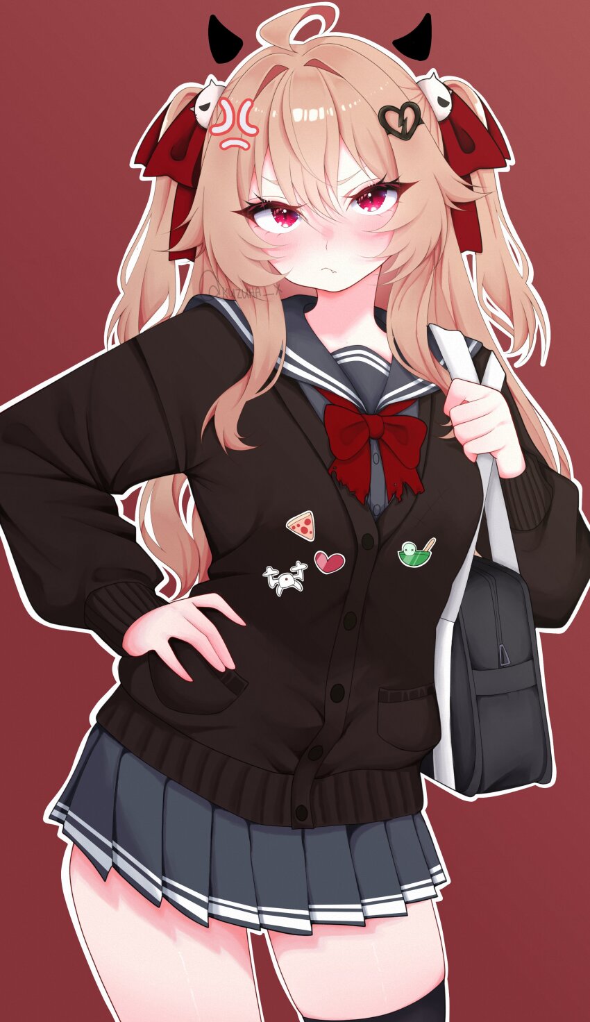 1girl absurdres anger_vein bag black_cardigan black_sailor_collar black_skirt black_thighhighs blush bow bowtie breasts broken_heart broken_heart_hair_ornament brown_hair cardigan closed_mouth commentary cowboy_shot demon_horns dress_shirt duffel_bag english_commentary evil_neuro-sama fang grey_shirt hair_between_eyes hair_ornament hair_ribbon hand_on_own_hip heart highres horns kuzuhaa long_hair long_sleeves looking_at_viewer medium_breasts neuro-sama pleated_skirt red_background red_bow red_bowtie red_eyes red_ribbon ribbon sailor_collar shirt simple_background single_thighhigh skirt skull_hair_ornament solo thighhighs two_side_up v-neck vedal_ai virtual_youtuber