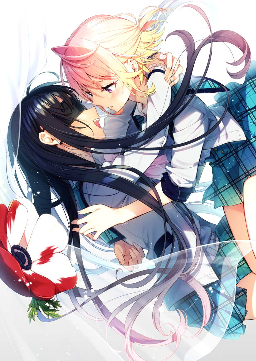 2girls black_hair blindfold blonde_hair blush flower hair_between_eyes highres hug long_hair looking_at_another multicolored_flower multiple_girls open_mouth original sakuragi_ren school_uniform serafuku short_hair sleeves_rolled_up yuri