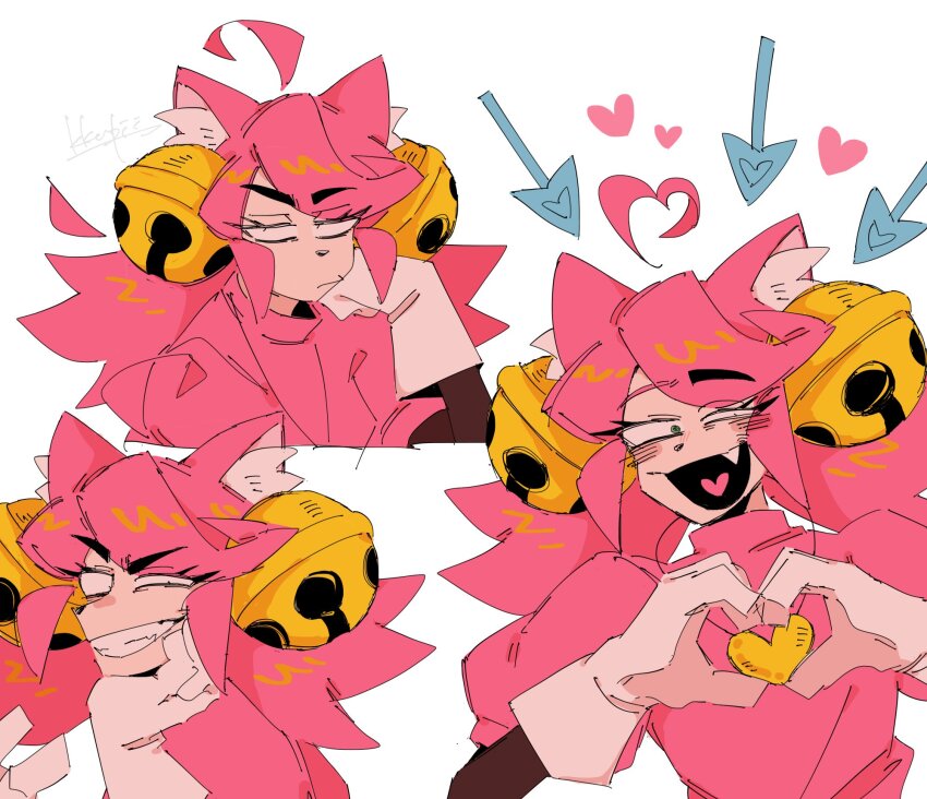 ahoge animal_ears bell cat_ears cat_girl detached_ahoge fang gloves hair_bell hair_ornament heart heart_hands heart_necklace heart_pendant highres jewelry jingle_bell kkupiii mad_mew_mew magical_girl necklace pink_fur pink_hair pink_shirt shirt small_pupils twintails undertale white_gloves