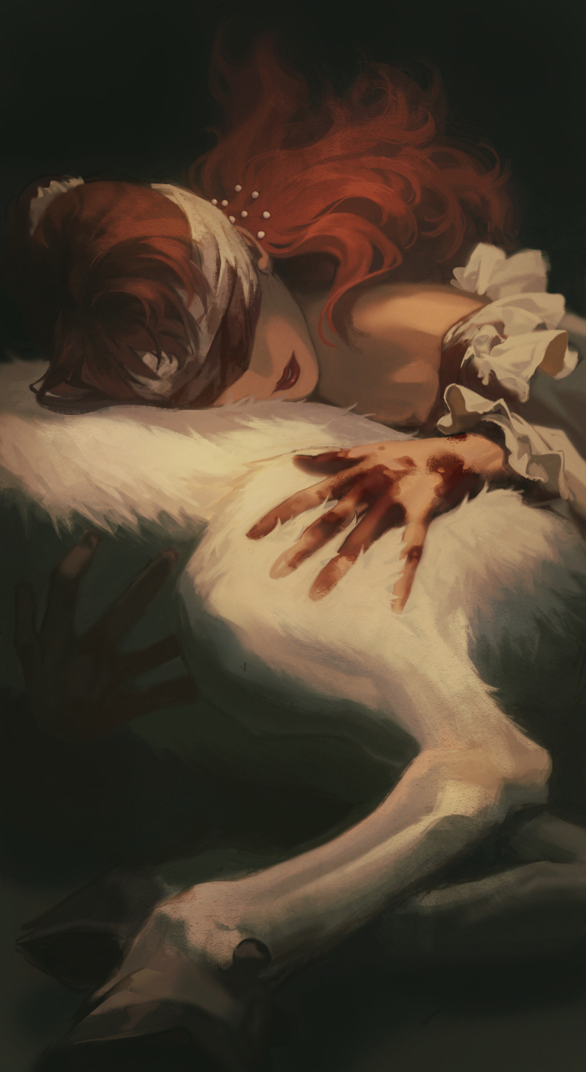1girl absurdres bandages bandages_over_eyes bare_shoulders blindfold blood blood_on_face blood_on_hands character_request dead_by_daylight fridaynightcat highres horse hugging_object long_hair red_hair red_lips solo the_nurse_(dead_by_daylight) white_horse