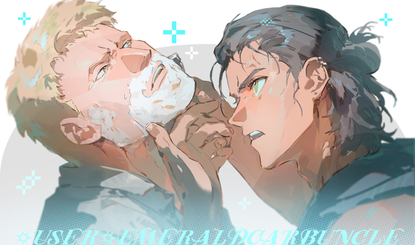 2boys adam&#039;s_apple arms_up blonde_hair brown_hair collared_shirt ear_piercing earrings emeraldwan34590 eren_yeager green_eyes hair_bun head_back highres holding holding_razor jewelry looking_at_another male_focus medium_hair multiple_boys open_collar open_mouth piercing razor reiner_braun shaving shaving_another shaving_cream shingeki_no_kyojin shirt short_hair teeth twitter_username upper_body upper_teeth_only yellow_eyes