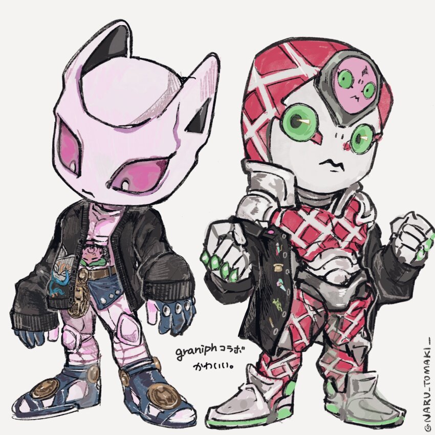 2others black_jacket closed_mouth commentary deformed diamond_wa_kudakenai epitaph_(jojo) full_body green_eyes highres jacket jojo_no_kimyou_na_bouken killer_queen king_crimson_(stand) multiple_others naru_tomaki open_clothes open_jacket other_focus shoes stand_(jojo) standing stray_cat_(jojo) symbol-only_commentary twitter_username vento_aureo yellow_eyes