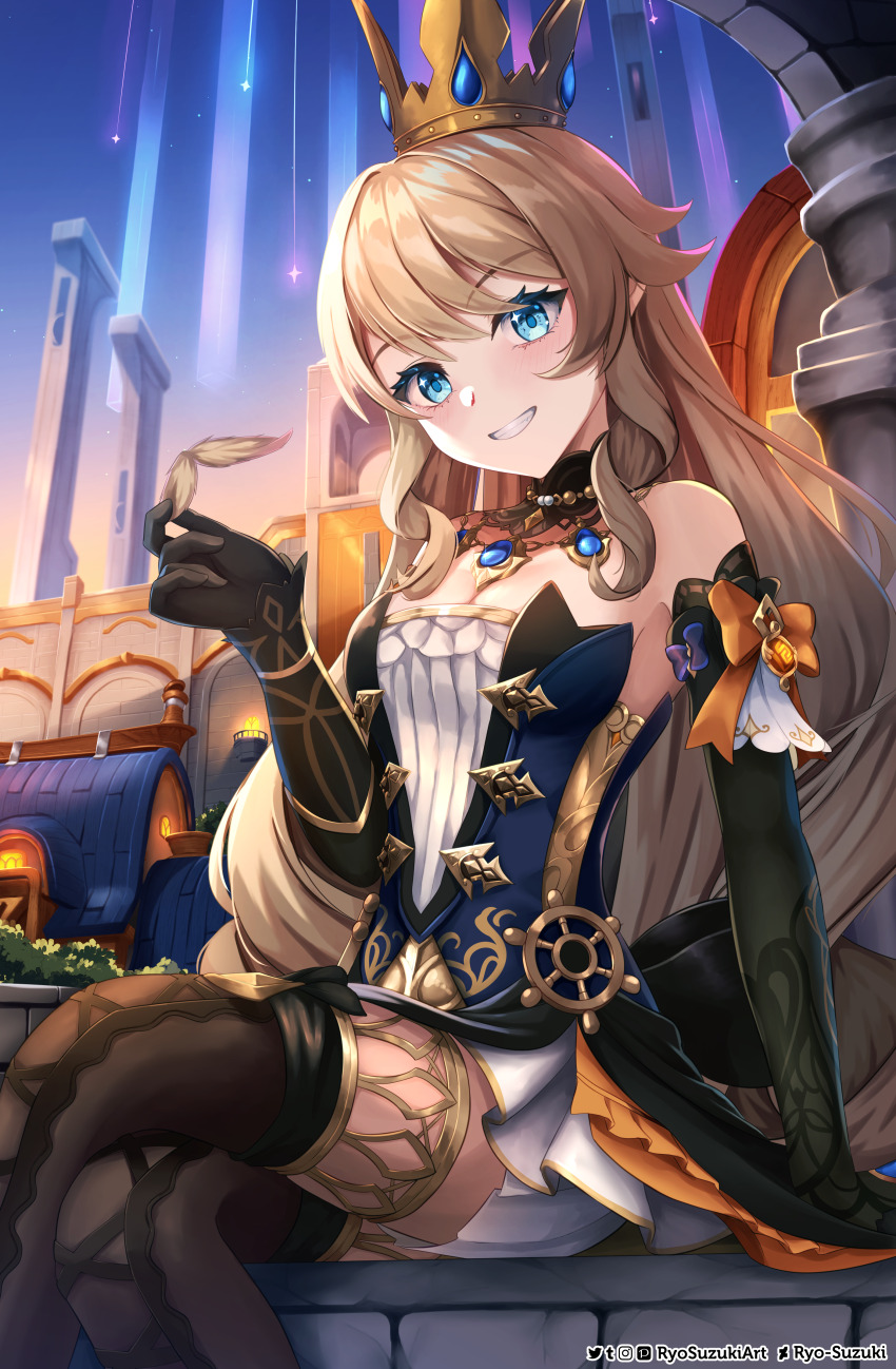 1girl absurdres artist_name bare_shoulders black_dress black_gloves black_sleeves black_thighhighs blonde_hair blue_eyes blue_gemstone bow breasts cleavage commentary crossed_legs crown detached_sleeves dress english_commentary feet_out_of_frame gem genshin_impact geo_symbol_(genshin_impact) gloves grin highres jewelry leotard light_blush long_hair looking_at_viewer medium_breasts navia_(genshin_impact) outdoors ryo-suzuki ship&#039;s_wheel_ornament sitting smile solo star_(symbol) star_in_eye strapless strapless_leotard symbol_in_eye teeth thighhighs thighlet very_long_hair vision_(genshin_impact) yellow_bow