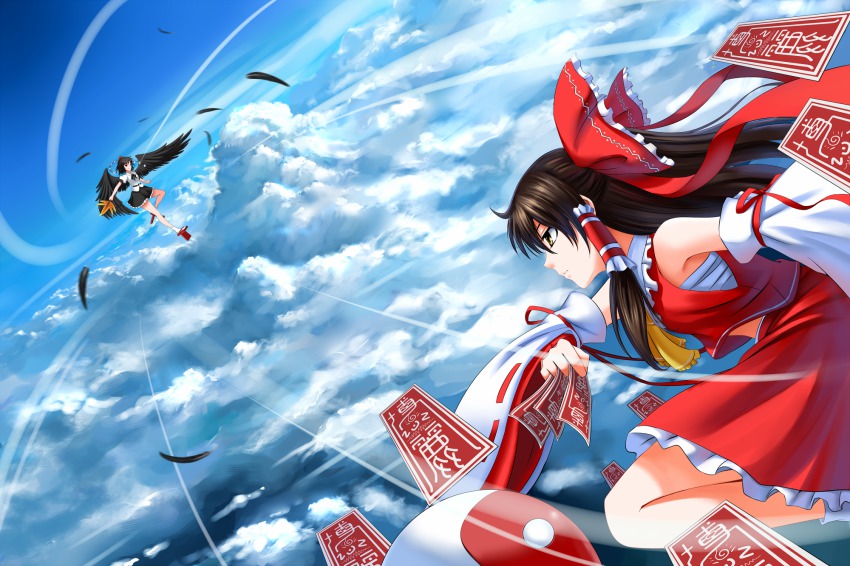 2girls battle black_hair bow cloud day detached_sleeves hand_fan feathers female_focus flying geta hair_bow hakurei_reimu hat highres japanese_clothes long_hair miko multiple_girls ofuda sarashi shameimaru_aya short_hair sky tokin_hat touhou windtalker wings yin_yang