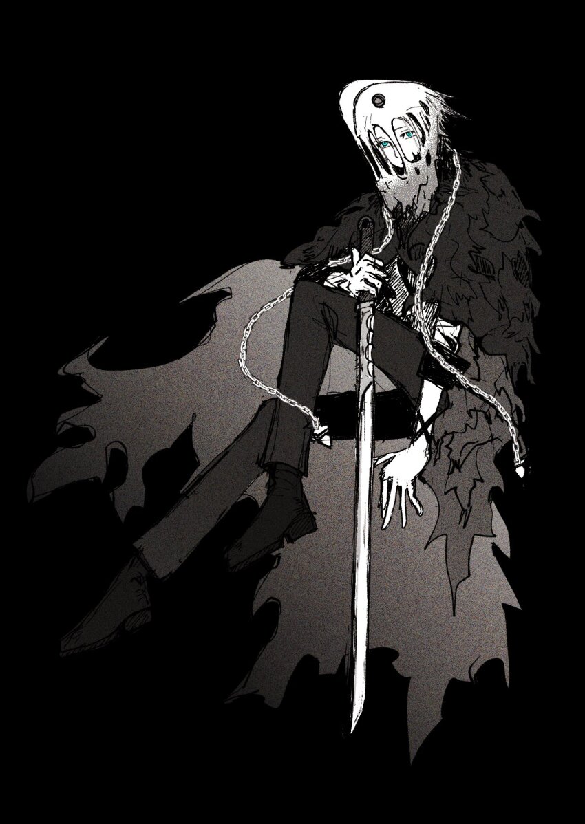 1boy blue_eyes cape chain closed_mouth dress_shoes full_body greyscale highres holding holding_weapon looking_ahead male_focus mask mochizuki_ryouji monochrome otoko_haza pants persona persona_3 shoes solo spoilers spot_color sword thanatos_(persona) torn_cape torn_clothes weapon