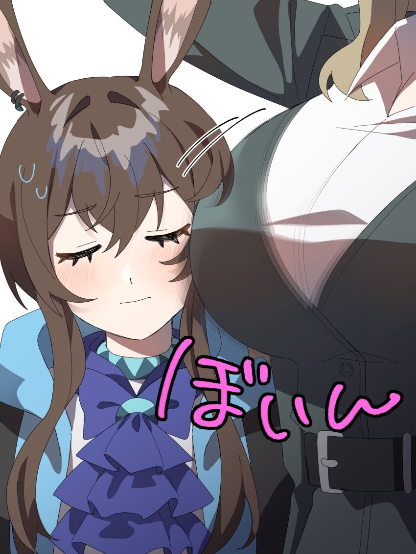 2girls amiya_(arknights) animal_ears arknights belt blush breasts brown_hair height_difference highres kitaku_(ienikaeru) large_breasts limbus_company multiple_girls project_moon rabbit_ears rabbit_girl rodion_(project_moon) sweatdrop